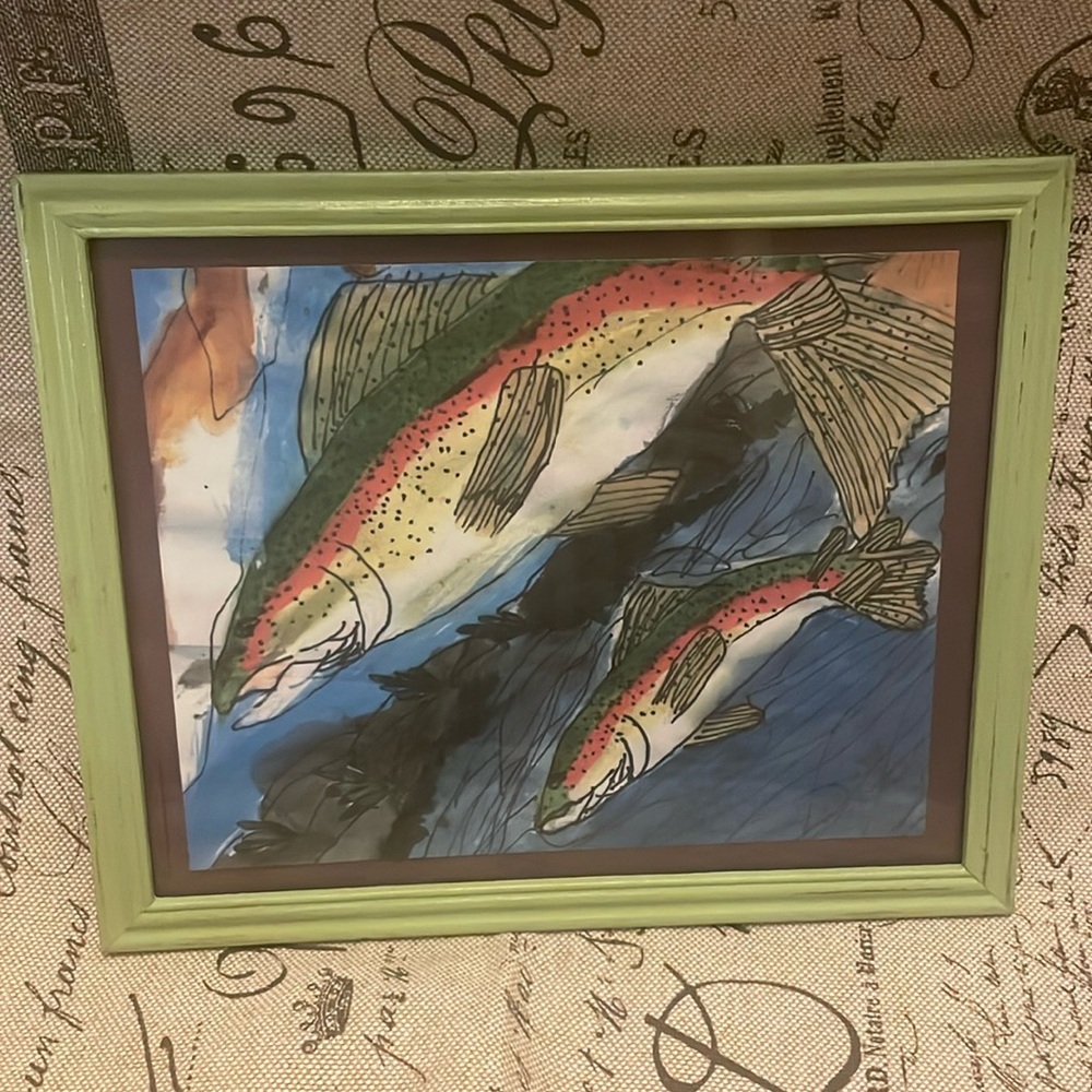Original watercolor - trout fish - great colors.  Cabin decor.
